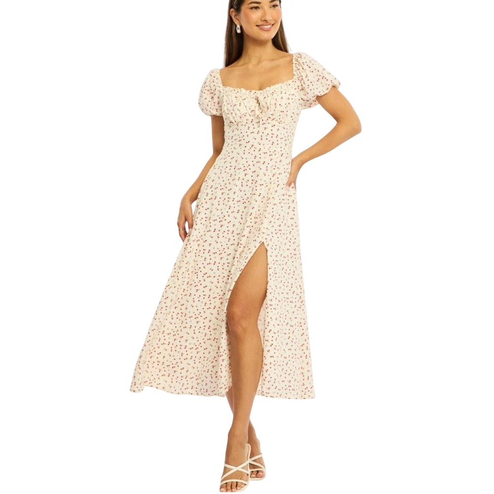 Ally Cottagecore White Ditsy Floral Midi Dress Puff Sleeve Milkmaid Size M/12
